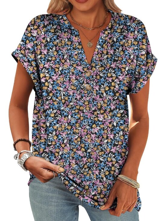 Tops - Women's Blue Purple Summer Short Sleeve Henley V Neck Dressy Fashion Top Blouses